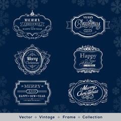 christmas and new year vintage silver frame on dark blue background