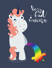 Very bad unicorn. Hand drawn vector illustration. Dark background