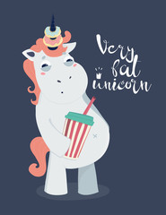 Very bad unicorn. Fat unicorn. Hand drawn vector illustration. Dark background