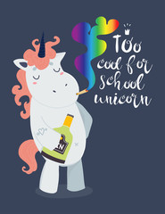 Very bad unicorn. Too cool for school. Hand drawn vector illustration. Dark background