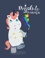 Very bad unicorn. Dissolute unicorn. Hand drawn vector illustration. Dark background