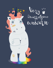 Very bad unicorn. Quarrelsome unicorn. Hand drawn vector illustration. Dark background