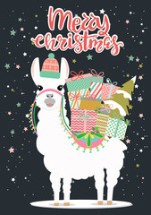 Merry Christmas greeting card with fun alpaca. Editable vector illustration