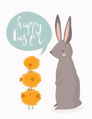 Happy easter. Cute little chicks and rabbit. Hand drawn vector illustration