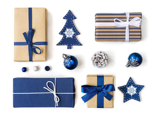 Christmas gift boxes and baubles collection in blue on white background