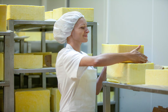 Female worker on yellow cheese production line in an industrial factory