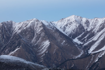 mountain snowy peaks at sunset, Kazakhstan, Zailiysky Alatau