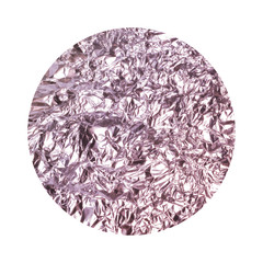 Round background with purple crumpled foil texture isolated on white