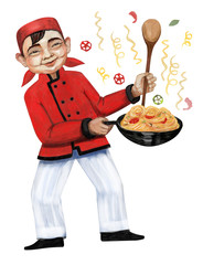 Japanese chef prepares wok noodles. Watercolor illustration.