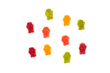 Colorful eat gummy bears jelly candy, isolated on white background.
