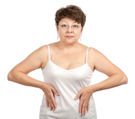 Obraz premium Beautiful woman aged shows the waist on a white background isolation