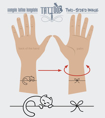 Татуировка на руке, кошка, спящая на руке, двустороннее изображение, логотип, иллюстрация, вектор