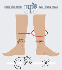 Татуировка на ноге, спящая кошка, двустороннее изображение, логотип, иллюстрация, вектор
