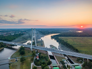 Rędziński bridge at the sunset aerial view