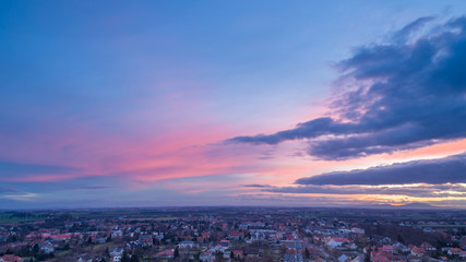 Beautiful, colorful sunset over Wrocław aerial view