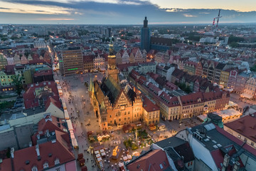 Wrocław main square evening panorama aerial view - obrazy, fototapety, plakaty