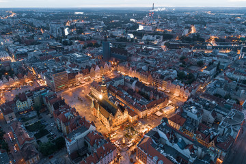 Wrocław main square evening panorama aerial view
