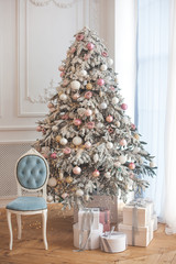 Christmas tree with presents. Xmas background. Holiday decoration
