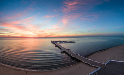 The Sopot pier panorama at sunset aerial view