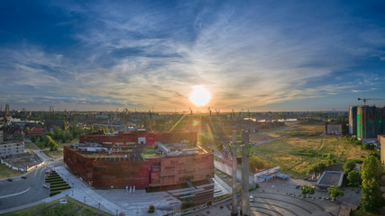 European Solidarity Centre in Gdańsk panorama at the sunrise aerial view
