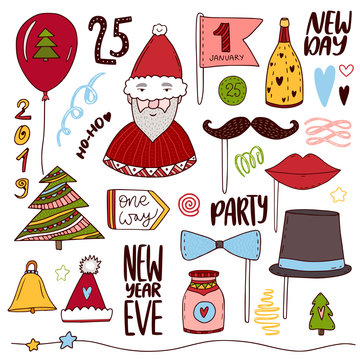 Christmas doodle collection. New year cute stickers. Holiday funny elements set. Photo props for christmas party.