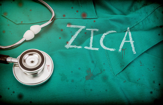 word zica identical with target on uniform of doctor spotted with blood along with phonendoscope, conceptual image