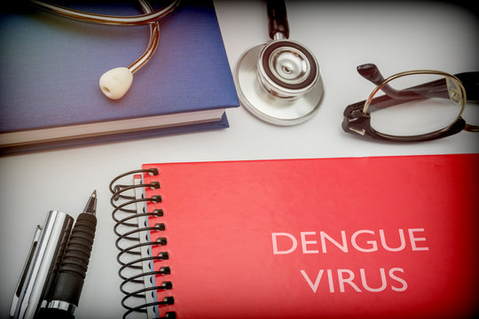  Titled red book dengue virus along with medical equipment, conceptual image