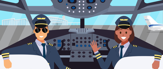 Pilots in cockpit flat design. with man and woman pilot character - obrazy, fototapety, plakaty