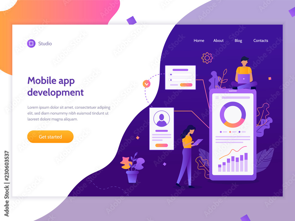 Wall mural the creation of a mobile application. web banner design template. teamwork. flat vector illustration
