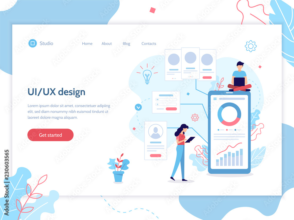 Fototapete Team of developers construct mobile app. Business concept. Web banner design template. Flat vector illustration.