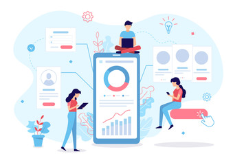 App development flat conceptThe development team creates a mobile application. Business concept. Flat vector illustration.