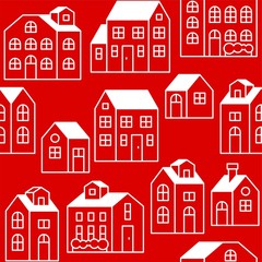 seamless pattern outline house or cottage in winter theme,flat design vector editable stroke