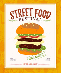 Vector fast food festival poster, placard, banner, advertising, flayer with double tasty burger illustration template. Hand drawn sketch style. Snacks and natural fresh products background.