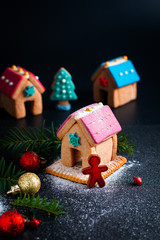 Holiday food DIY pastel Christmas Cookies, Gingerbread Houses, and Christmas tree for gift or party