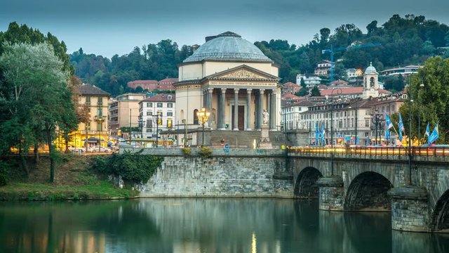 The church of Gran Madre di Dio is a Neoclassic-style church located in front of Piazza Vittorio Veneto in Turin Italy day to night timelapse.Ponte Vittorio Emanuele I