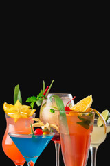 Multicolored cocktails at the bar close up shot