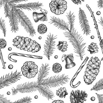 Christmas objects hand drawn seamless pattern isolated on white