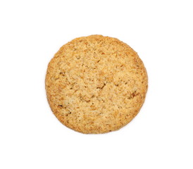 Round whole wheat biscuit, cookie with raisins isolated on white background, top view