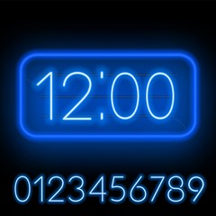 Template clock on a dark background. Bright neon numbers.