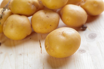 Fresh potatoes on the wood background