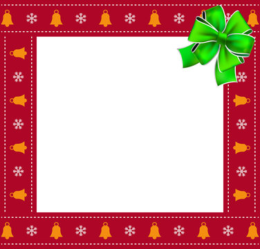 Christmas or new year square border frame with bells and snowflakes pattern and green bow