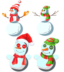 Set of four snowmen in various headdresses and in different scarves