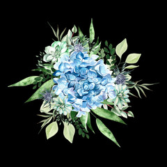 Watercolor bouquet with hydrangea flowers,  succulent plants and leaves. 