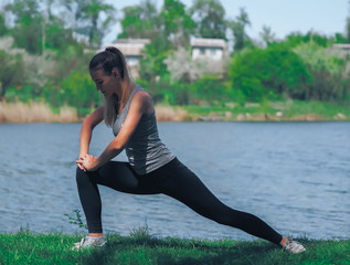 Fototapeta premium Young girl running at the forest happy