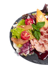 grilled meat : beef ( lamb ) garnished with tomatoes ,lettuce