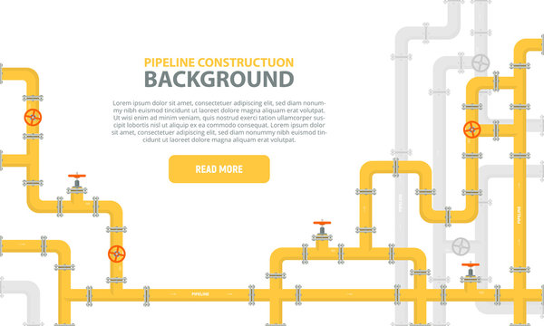 Industrial background with yellow pipeline. Oil, water or gas pipeline with fittings and valves. Web banner template. Vector illustration in a flat style.