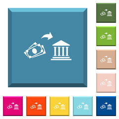 Cash deposit to bank white icons on edged square buttons