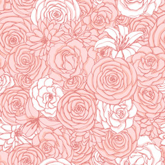 Vector seamless pattern with rose, lily, peony and chrysanthemum flowers of pink and white colors. Hand drawn floral repeat background of blossoms in sketch style. For covers, wrapping paper, etc.