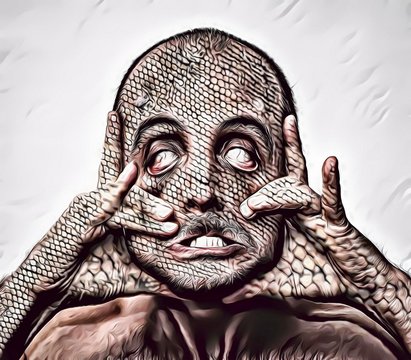 Illustration of amazing and unique human monster with scales for skin, reptilian man portrait, worst nightmare