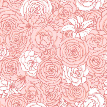 Vector seamless pattern with rose, lily, peony and chrysanthemum flowers of pink and white colors. Hand drawn floral repeat background of blossoms in sketch style. For covers, wrapping paper, etc.